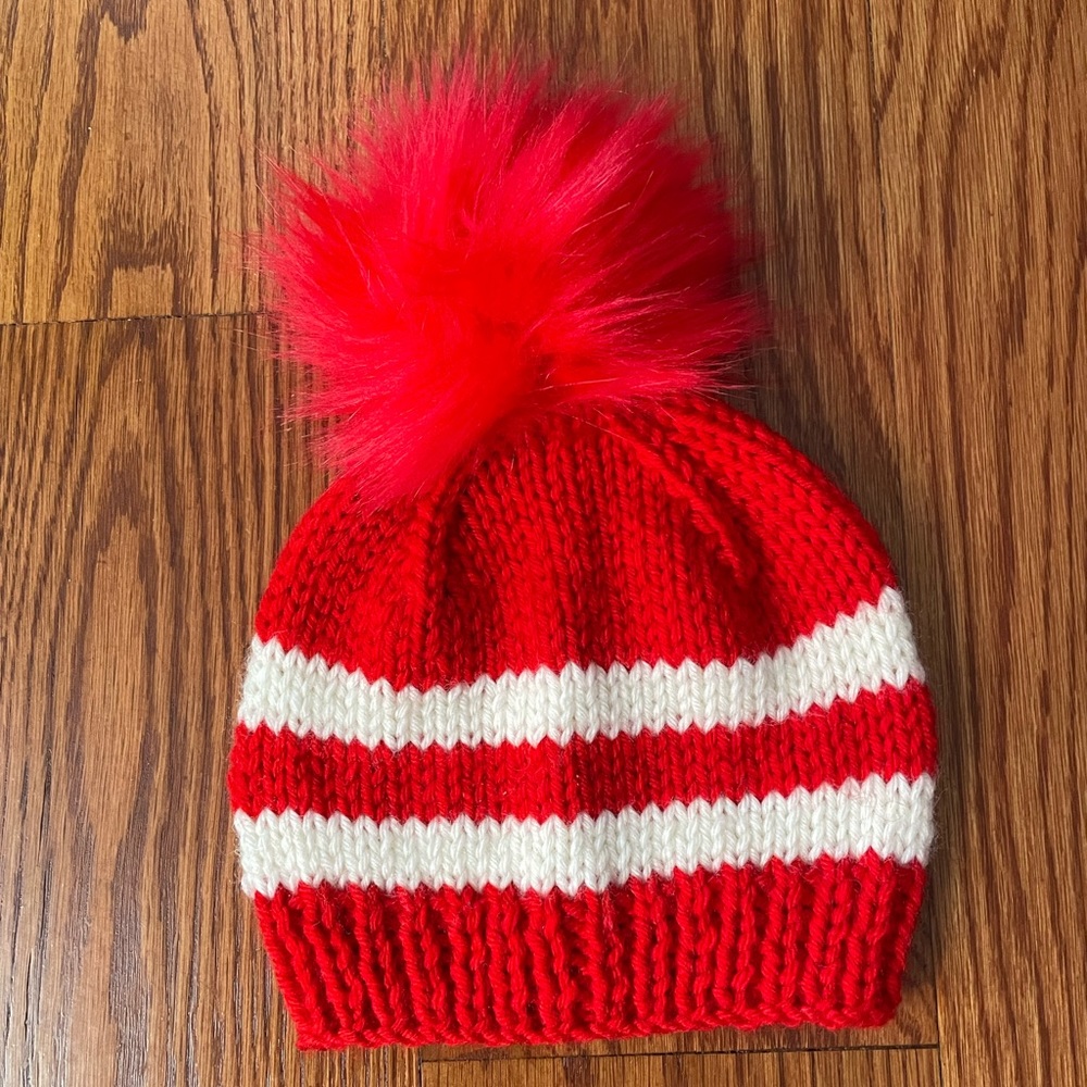 Christmas Handmade Knit Baby Hat with Pom Poms,Red White Chunky Beanie(2-3 Year)